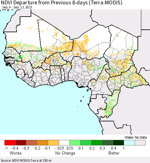 Western Africa NDVI Departure from Previous 8-days (Terra-MODIS) Thematic Map For 9/6/2023 - 9/13/2023