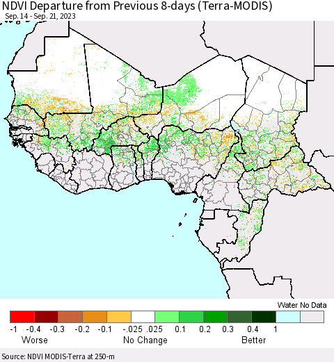 Western Africa NDVI Departure from Previous 8-days (Terra-MODIS) Thematic Map For 9/14/2023 - 9/21/2023