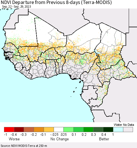 Western Africa NDVI Departure from Previous 8-days (Terra-MODIS) Thematic Map For 9/22/2023 - 9/29/2023
