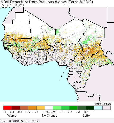 Western Africa NDVI Departure from Previous 8-days (Terra-MODIS) Thematic Map For 10/8/2023 - 10/15/2023
