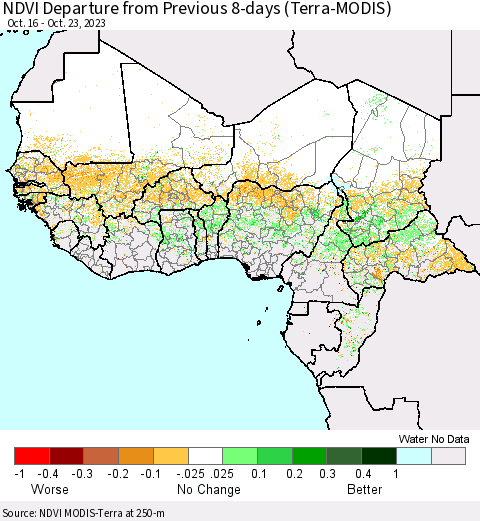 Western Africa NDVI Departure from Previous 8-days (Terra-MODIS) Thematic Map For 10/16/2023 - 10/23/2023