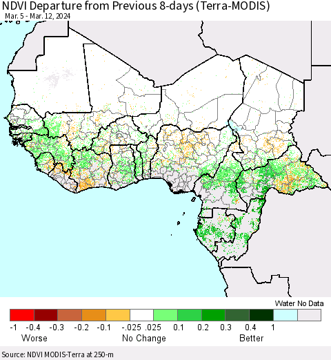 Western Africa NDVI Departure from Previous 8-days (Terra-MODIS) Thematic Map For 3/5/2024 - 3/12/2024