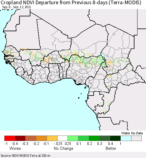 Western Africa Cropland NDVI Departure from Previous 8-days (Terra-MODIS) Thematic Map For 9/6/2021 - 9/13/2021