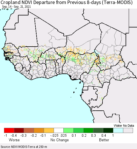 Western Africa Cropland NDVI Departure from Previous 8-days (Terra-MODIS) Thematic Map For 9/14/2021 - 9/21/2021