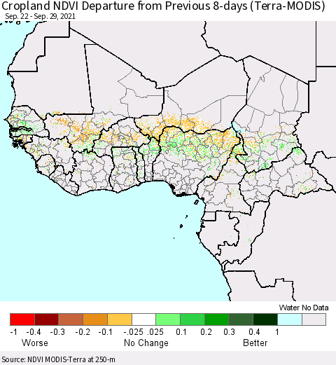 Western Africa Cropland NDVI Departure from Previous 8-days (Terra-MODIS) Thematic Map For 9/22/2021 - 9/29/2021