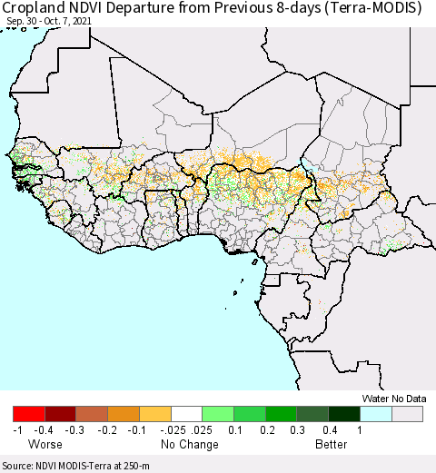 Western Africa Cropland NDVI Departure from Previous 8-days (Terra-MODIS) Thematic Map For 9/30/2021 - 10/7/2021