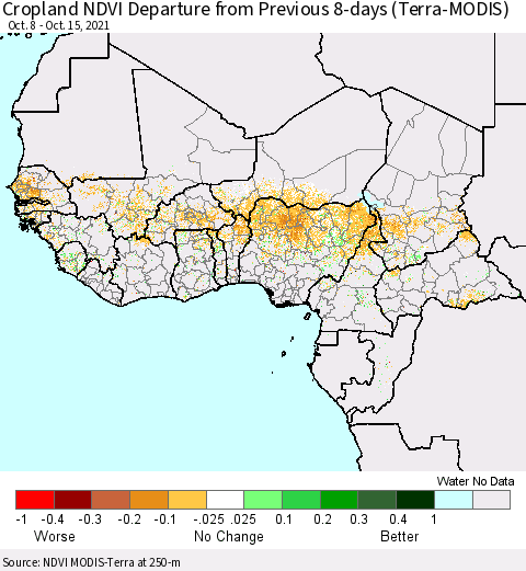 Western Africa Cropland NDVI Departure from Previous 8-days (Terra-MODIS) Thematic Map For 10/8/2021 - 10/15/2021