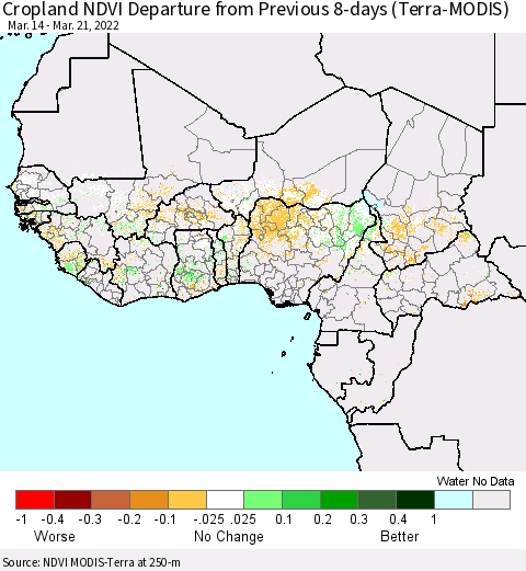 Western Africa Cropland NDVI Departure from Previous 8-days (Terra-MODIS) Thematic Map For 3/14/2022 - 3/21/2022