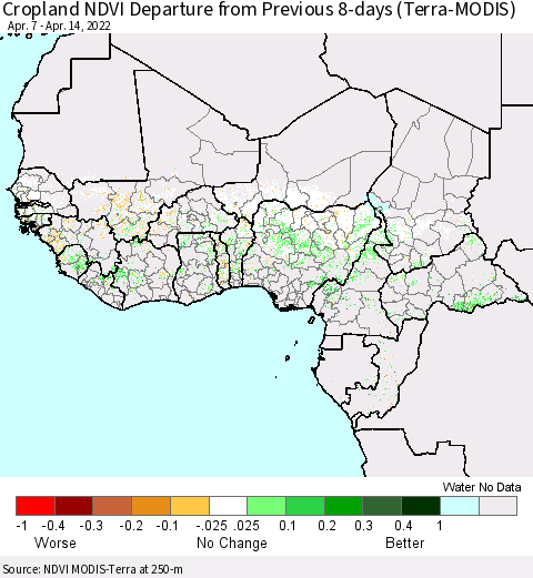 Western Africa Cropland NDVI Departure from Previous 8-days (Terra-MODIS) Thematic Map For 4/7/2022 - 4/14/2022