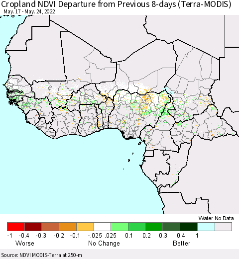 Western Africa Cropland NDVI Departure from Previous 8-days (Terra-MODIS) Thematic Map For 5/17/2022 - 5/24/2022