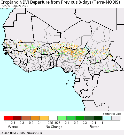 Western Africa Cropland NDVI Departure from Previous 8-days (Terra-MODIS) Thematic Map For 9/22/2022 - 9/29/2022