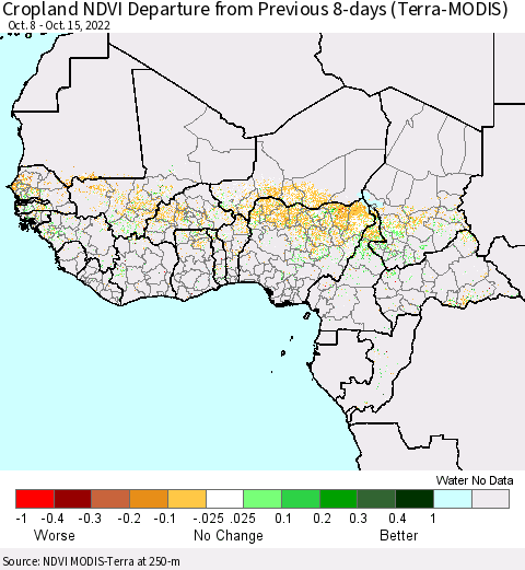 Western Africa Cropland NDVI Departure from Previous 8-days (Terra-MODIS) Thematic Map For 10/8/2022 - 10/15/2022