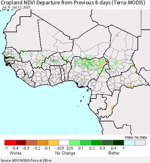 Western Africa Cropland NDVI Departure from Previous 8-days (Terra-MODIS) Thematic Map For 7/4/2023 - 7/11/2023