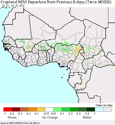 Western Africa Cropland NDVI Departure from Previous 8-days (Terra-MODIS) Thematic Map For 7/12/2023 - 7/19/2023