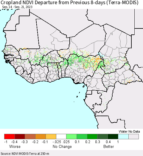 Western Africa Cropland NDVI Departure from Previous 8-days (Terra-MODIS) Thematic Map For 9/14/2023 - 9/21/2023