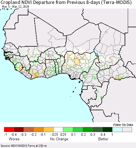Western Africa Cropland NDVI Departure from Previous 8-days (Terra-MODIS) Thematic Map For 3/5/2024 - 3/12/2024