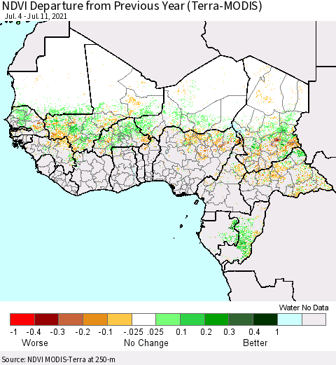 Western Africa NDVI Departure from Previous Year (Terra-MODIS) Thematic Map For 7/4/2021 - 7/11/2021