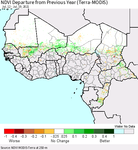 Western Africa NDVI Departure from Previous Year (Terra-MODIS) Thematic Map For 7/12/2021 - 7/19/2021