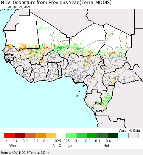 Western Africa NDVI Departure from Previous Year (Terra-MODIS) Thematic Map For 7/20/2021 - 7/27/2021