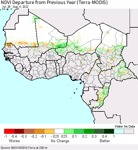 Western Africa NDVI Departure from Previous Year (Terra-MODIS) Thematic Map For 7/28/2021 - 8/4/2021