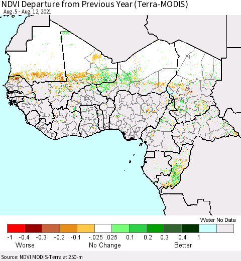Western Africa NDVI Departure from Previous Year (Terra-MODIS) Thematic Map For 8/5/2021 - 8/12/2021