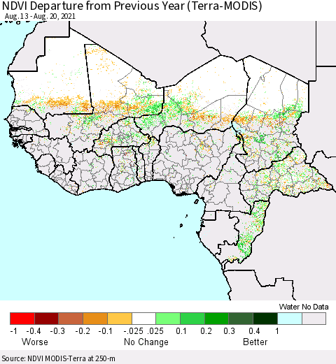 Western Africa NDVI Departure from Previous Year (Terra-MODIS) Thematic Map For 8/13/2021 - 8/20/2021