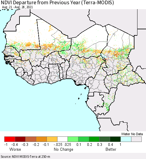 Western Africa NDVI Departure from Previous Year (Terra-MODIS) Thematic Map For 8/21/2021 - 8/28/2021
