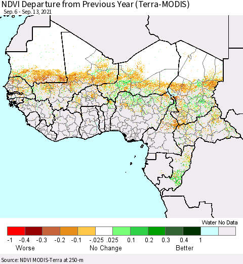 Western Africa NDVI Departure from Previous Year (Terra-MODIS) Thematic Map For 9/6/2021 - 9/13/2021