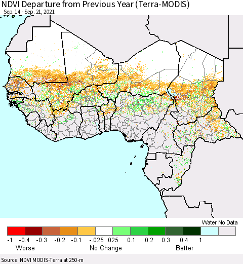 Western Africa NDVI Departure from Previous Year (Terra-MODIS) Thematic Map For 9/14/2021 - 9/21/2021