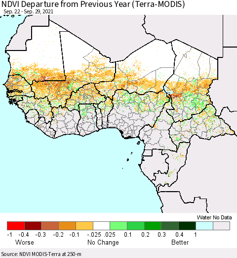 Western Africa NDVI Departure from Previous Year (Terra-MODIS) Thematic Map For 9/22/2021 - 9/29/2021
