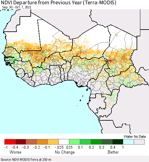 Western Africa NDVI Departure from Previous Year (Terra-MODIS) Thematic Map For 9/30/2021 - 10/7/2021