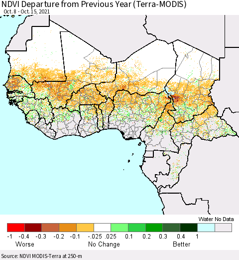 Western Africa NDVI Departure from Previous Year (Terra-MODIS) Thematic Map For 10/8/2021 - 10/15/2021