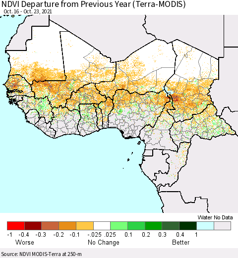 Western Africa NDVI Departure from Previous Year (Terra-MODIS) Thematic Map For 10/16/2021 - 10/23/2021