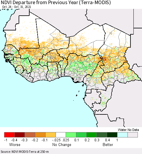 Western Africa NDVI Departure from Previous Year (Terra-MODIS) Thematic Map For 10/24/2021 - 10/31/2021