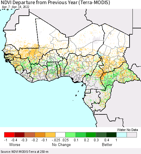 Western Africa NDVI Departure from Previous Year (Terra-MODIS) Thematic Map For 4/7/2022 - 4/14/2022