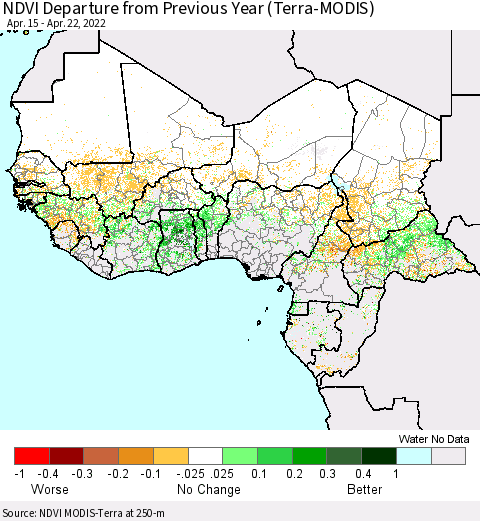 Western Africa NDVI Departure from Previous Year (Terra-MODIS) Thematic Map For 4/15/2022 - 4/22/2022