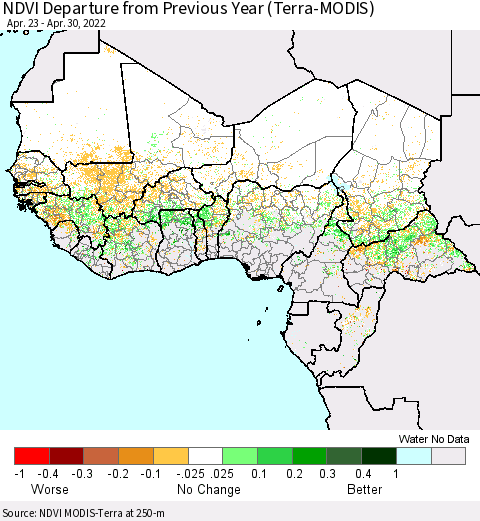 Western Africa NDVI Departure from Previous Year (Terra-MODIS) Thematic Map For 4/23/2022 - 4/30/2022
