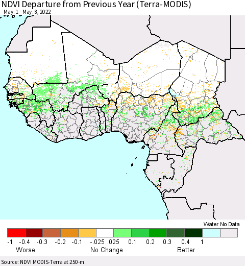 Western Africa NDVI Departure from Previous Year (Terra-MODIS) Thematic Map For 5/1/2022 - 5/8/2022