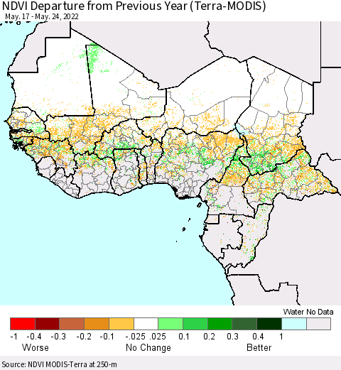 Western Africa NDVI Departure from Previous Year (Terra-MODIS) Thematic Map For 5/17/2022 - 5/24/2022