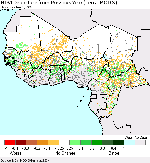 Western Africa NDVI Departure from Previous Year (Terra-MODIS) Thematic Map For 5/25/2022 - 6/1/2022