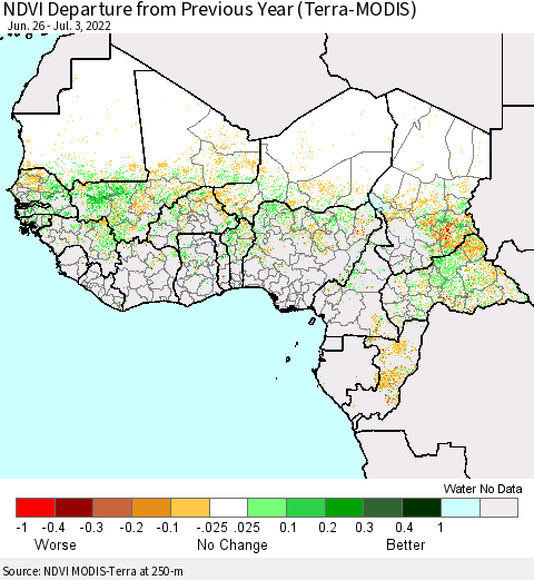 Western Africa NDVI Departure from Previous Year (Terra-MODIS) Thematic Map For 6/26/2022 - 7/3/2022
