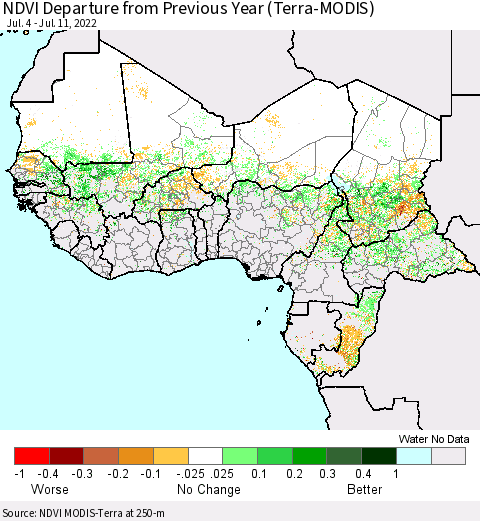 Western Africa NDVI Departure from Previous Year (Terra-MODIS) Thematic Map For 7/4/2022 - 7/11/2022