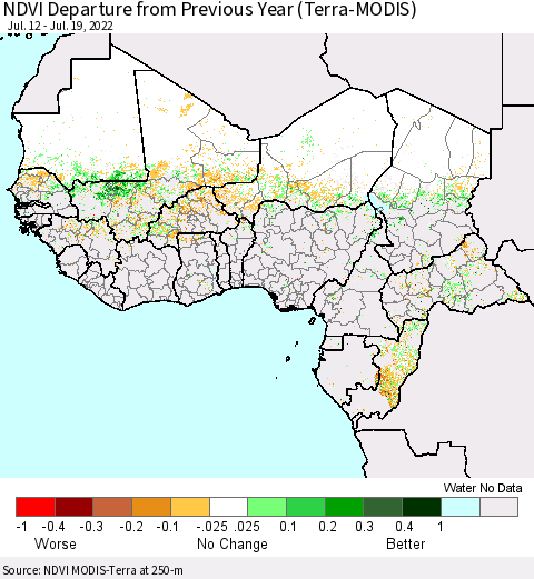 Western Africa NDVI Departure from Previous Year (Terra-MODIS) Thematic Map For 7/12/2022 - 7/19/2022