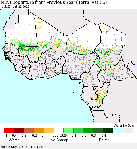 Western Africa NDVI Departure from Previous Year (Terra-MODIS) Thematic Map For 7/20/2022 - 7/27/2022
