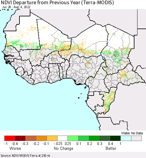 Western Africa NDVI Departure from Previous Year (Terra-MODIS) Thematic Map For 7/28/2022 - 8/4/2022