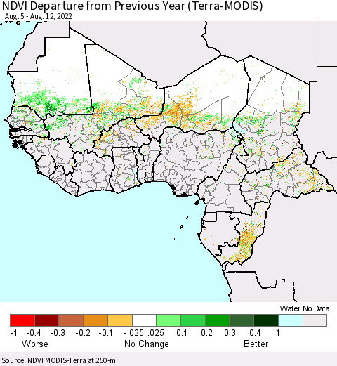 Western Africa NDVI Departure from Previous Year (Terra-MODIS) Thematic Map For 8/5/2022 - 8/12/2022