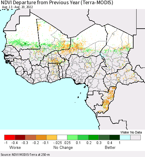 Western Africa NDVI Departure from Previous Year (Terra-MODIS) Thematic Map For 8/13/2022 - 8/20/2022