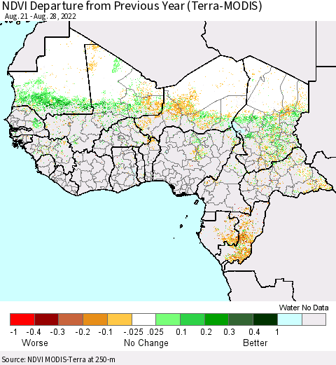 Western Africa NDVI Departure from Previous Year (Terra-MODIS) Thematic Map For 8/21/2022 - 8/28/2022