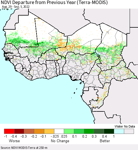 Western Africa NDVI Departure from Previous Year (Terra-MODIS) Thematic Map For 8/29/2022 - 9/5/2022