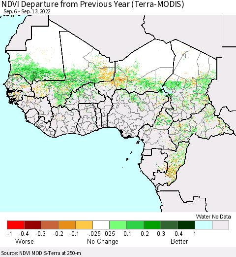 Western Africa NDVI Departure from Previous Year (Terra-MODIS) Thematic Map For 9/6/2022 - 9/13/2022